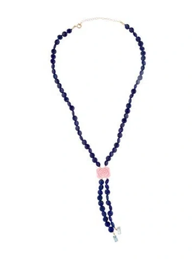 Pre-owned Necklace 14k Shell, Lapis Lazuli & Aquamarine Lavalier, 17.75" In Multi