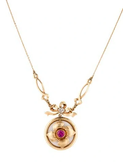 Pre-owned Necklace 14k Synthetic Ruby & Diamond Pendant , 16" In Multi