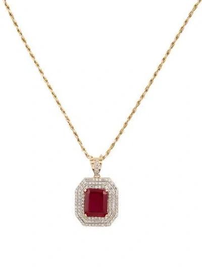 Pre-owned Necklace 14k Synthetic Ruby & Diamond Pendant , 18" In Multi