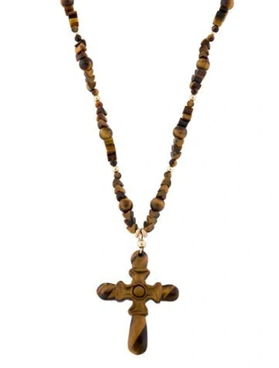 Pre-owned Necklace 14k Tiger's Eye Quartz Cross Pendant , 21" In Multi