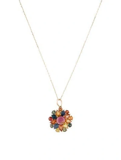 Pre-owned Necklace 14k Tourmaline & Sapphire Cluster Pendant , 18" In Multi