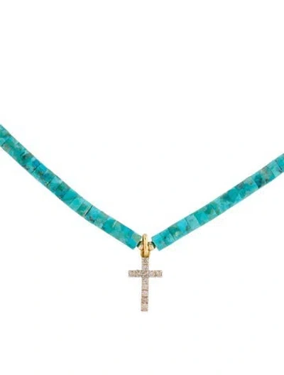Pre-owned Necklace 14k Turquoise & Diamond Beaded Pendant , 19" In Multi