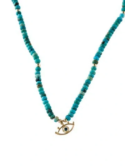 Pre-owned Necklace 14k Turquoise & Lab-grown Diamond Evil Eye Pendant , 18.75" In Multi