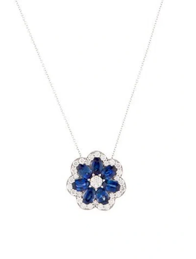 Pre-owned Necklace 18k 3.02ctw Sapphire & Diamond Flower Pendant , 18" In Multi