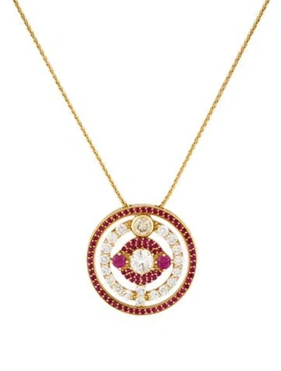 Pre-owned Necklace 18k 3.50ctw Diamond & Ruby Halo Cluster Pendant W/14k Spiga Link Chain, 16" In Multi