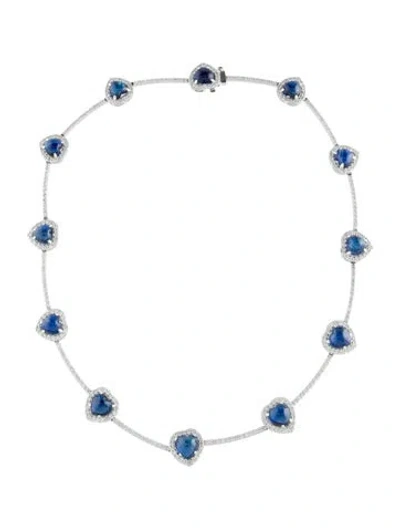 Pre-owned Necklace 18k 50.76ctw Sapphire & Diamond Heart Station , 18" In Multi
