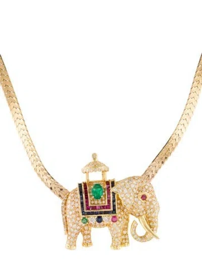 Pre-owned Necklace 18k 5.60ctw Diamond, Emerald, Ruby & Sapphire Pendant W/ 14k Chain, 15.25" In Multi