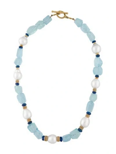 Pre-owned Necklace 18k Cultured Pearl, Aquamarine, & Sapphire Bead , 19" In Multi