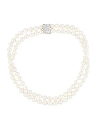 Pre-owned Necklace 18k Diamond & Pearl Double Strand Choker , 13.5" In Multi