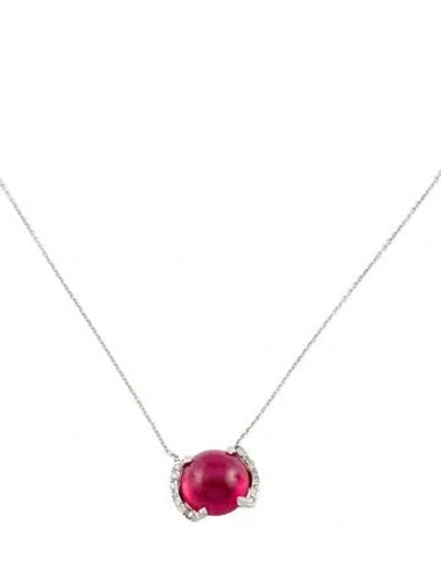 Pre-owned Necklace 18k Diamond & Synthetic Ruby Pendant , 17" In Multi
