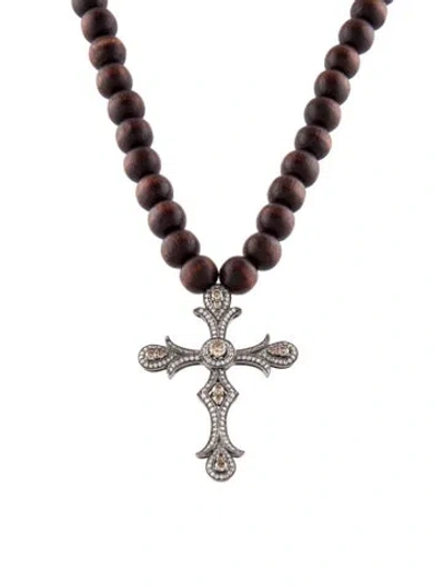 Pre-owned Necklace 18k Diamond Cross Pendant W/ Wood Bead Strand , 25" In Brown