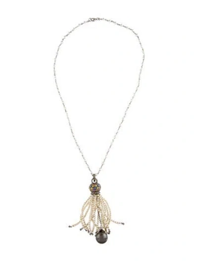 Pre-owned Necklace 18k Dyed Pearl, Sapphire, & Diamond Tassel Pendant , 18" In Multi