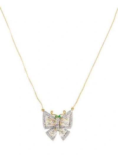 Pre-owned Necklace 18k Emerald & Diamond Butterfly Pendant , 16.75" In Multi