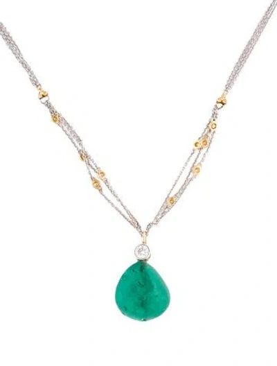 Pre-owned Necklace 18k Emerald & Diamond Multi-strand Pendant , 15.25"
