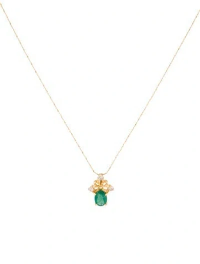 Pre-owned Necklace 18k Emerald & Diamond Pendant , 15.5" In Multi