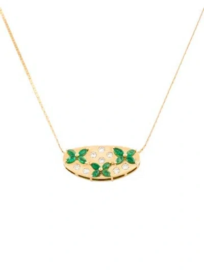 Pre-owned Necklace 18k Emerald & Diamond Pendant W/ 14k Boston Link Chain , 16" In Multi