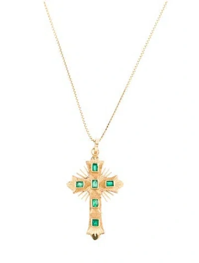 Pre-owned Necklace 18k Emerald Cross Pendant , 17.5" In Multi