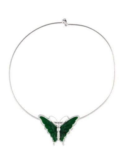 Pre-owned Necklace 18k Jadeite & Diamond Butterfly Pendant , 16" In Multi
