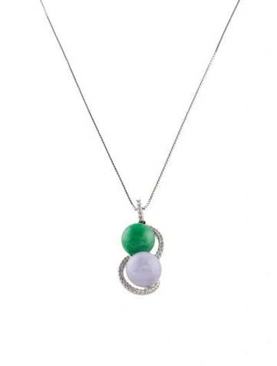 Pre-owned Necklace 18k Jadeite & Diamond Pendant , 18" In Multi