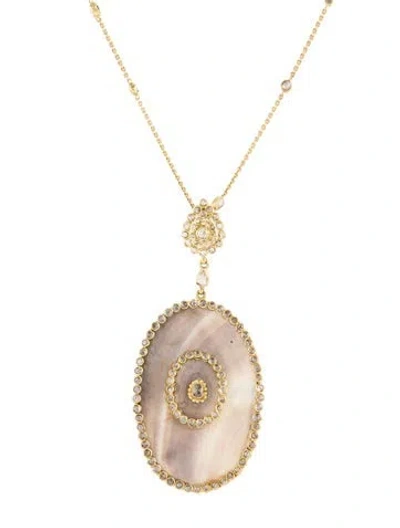 Pre-owned Necklace 18k Mother Of Pearl & Diamond Oval Pendant Station , 22" In Multi