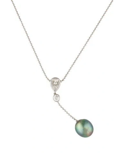Pre-owned Necklace 18k Pearl & 1.08ctw Diamond Lavalier , 15.5" In Multi