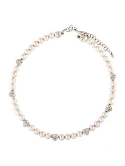 Pre-owned Necklace 18k Pearl & Diamod Heart Station Choker, 14.75" In Multi