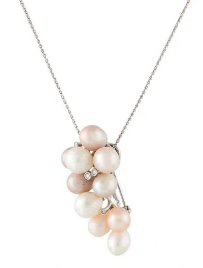 Pre-owned Necklace 18k Pearl & Diamond Brooch Pendant  In Multi