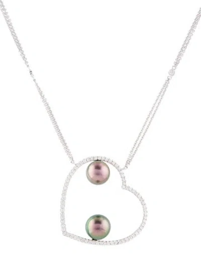 Pre-owned Necklace 18k Pearl & Diamond Heart Pendant , 16" In Multi