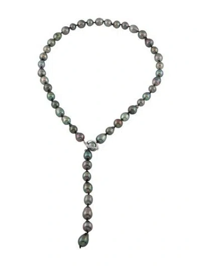 Pre-owned Necklace 18k Pearl & Diamond Lariat , 20" In Multi