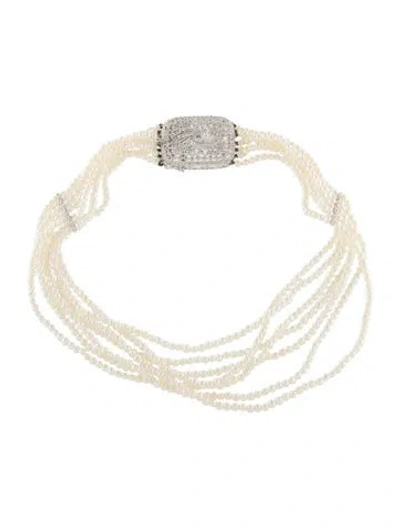 Pre-owned Necklace 18k Pearl & Diamond Multistrand Choker , 14"