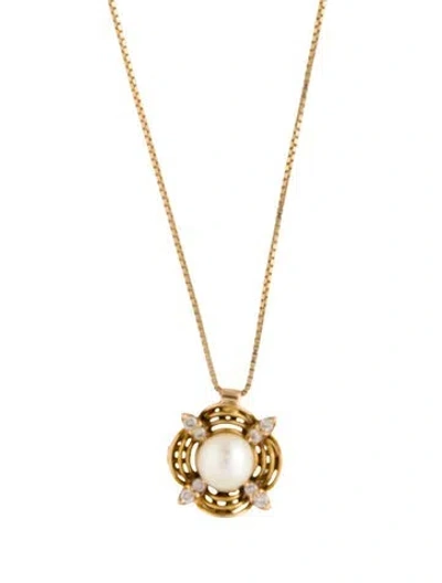 Pre-owned Necklace 18k Pearl & Diamond Pendant , 16.5" In Multi