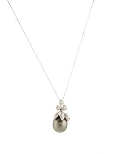 Pre-owned Necklace 18k Pearl & Diamond Pendant , 17" In Multi