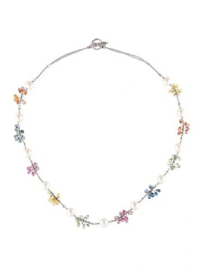 Pre-owned Necklace 18k Pearl & Multicolor Sapphire Station , 20"