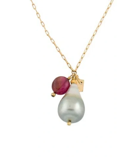 Pre-owned Necklace 18k Pearl & Tourmaline Pendant , 16" In Multi