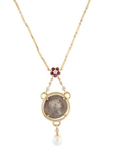 Pre-owned Necklace 18k Pearl, Ruby & Diamond Coin Pendant , 16.5" In Multi