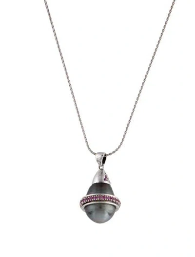 Pre-owned Necklace 18k Pearl, Sapphire & Diamond Pendant , 18.75" In Multi