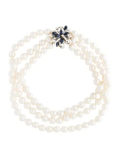 Pre-owned Necklace 18k Pearl, Sapphire & Diamond Triple Row Choker , 13.5" In Multi