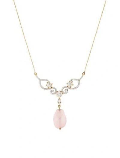 Pre-owned Necklace 18k Rose Quartz & Diamond Pendant , 14.25" In Multi