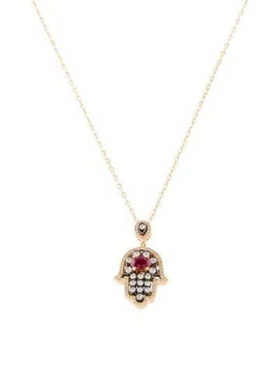 Pre-owned Necklace 18k Ruby & Diamond Hamsa Pendant , 17.5" In Multi