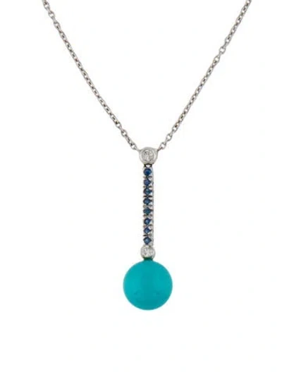 Pre-owned Necklace 18k Turquoise, Sapphire & Diamond Pendant , 16" In Multi
