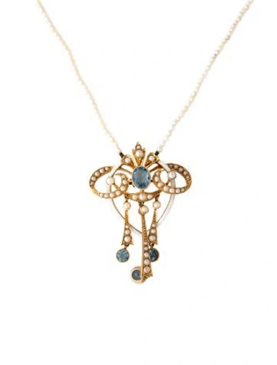 Pre-owned Necklace Antique Art Nouveau 15k Pearl & Aquamarine Ribbon Pendant , 15.25" In Multi