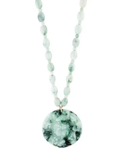 Pre-owned Necklace Jadeite Floral Carved Pendant Bead Strand , 36" In Multi