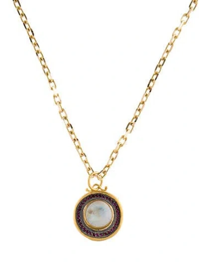 Pre-owned Necklace Moonstone Labradorite & Ruby Pendant , 16.5" In Multi