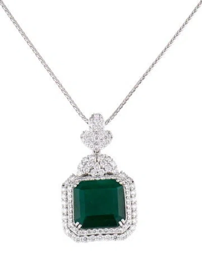 Pre-owned Necklace Oscar Friedman Platinum 14.89ct Emerald & Diamond Pendant , 18" In Multi