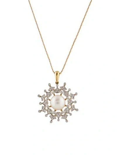 Pre-owned Necklace Pearl & Diamond Sunburst Pendant , 18" In Multi