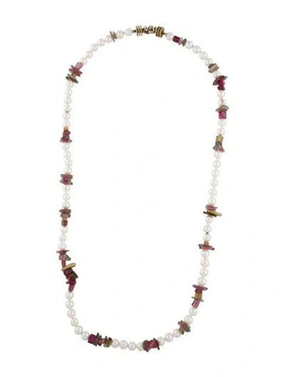 Pre-owned Necklace Pearl Strand & Tourmaline Slice Station , 28" In Multi