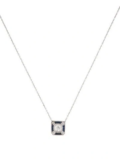 Pre-owned Necklace Platinum Diamond & Sapphire Pendant , 16" In Multi