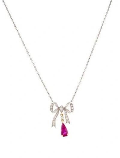 Pre-owned Necklace Platinum Ruby & Diamond Bow Pendant , 16.75" In Multi