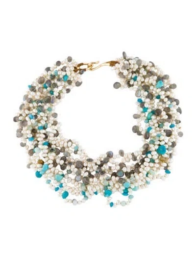 Pre-owned Necklace Simon Alcantara 18k Pearl, Turquoise, Labradorite & Dendritic Opal Multistrand Bead , 18"