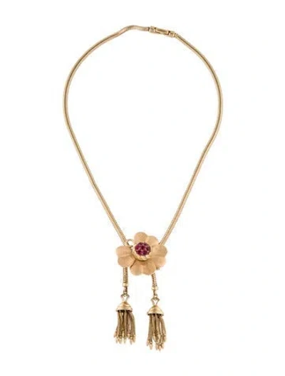 Pre-owned Necklace Vintage 14k Red Glass Floral Tassel , 17.25"